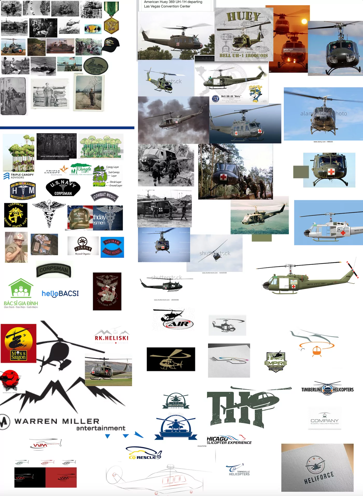 Bac Si Controls — moodboard of helicopter photography, military insignia and existing helicopter logos