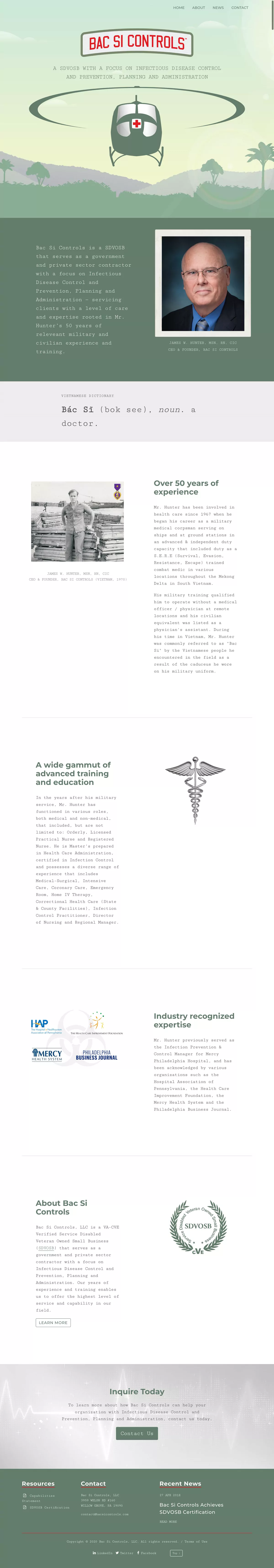 Bac Si Controls — the homepage design, from the helicopter scene through the founder's history to the enquiry section